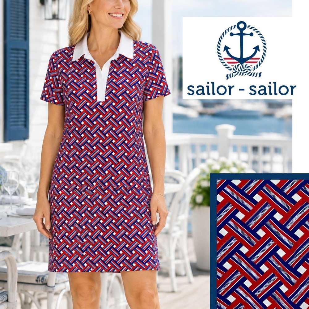 Sailor Sailor, Polo Dress Ribbons Geometric Short Sleeve Red Blue Size Large